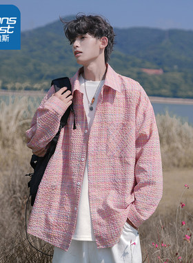 真维斯 男士百搭新款时尚泡泡纱纹理感格子翻领衬衫外套男上衣