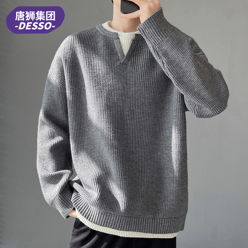 唐狮集团DESSO针织假两件毛衣秋冬男士新款潮流时尚潮流拼接套头