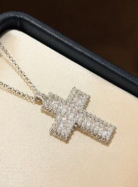 S925纯银 满钻镶嵌爆闪十字架项链高级感拉伸链可做毛衣链精致