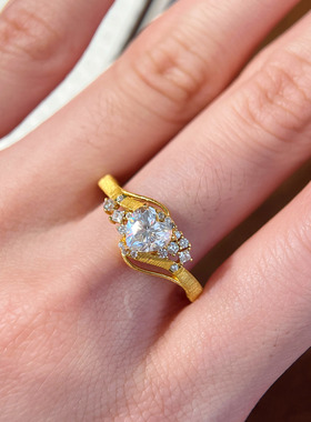 S925银中古拉丝爱心戒指小众设计满天星点钻轻奢复古精致小戒指