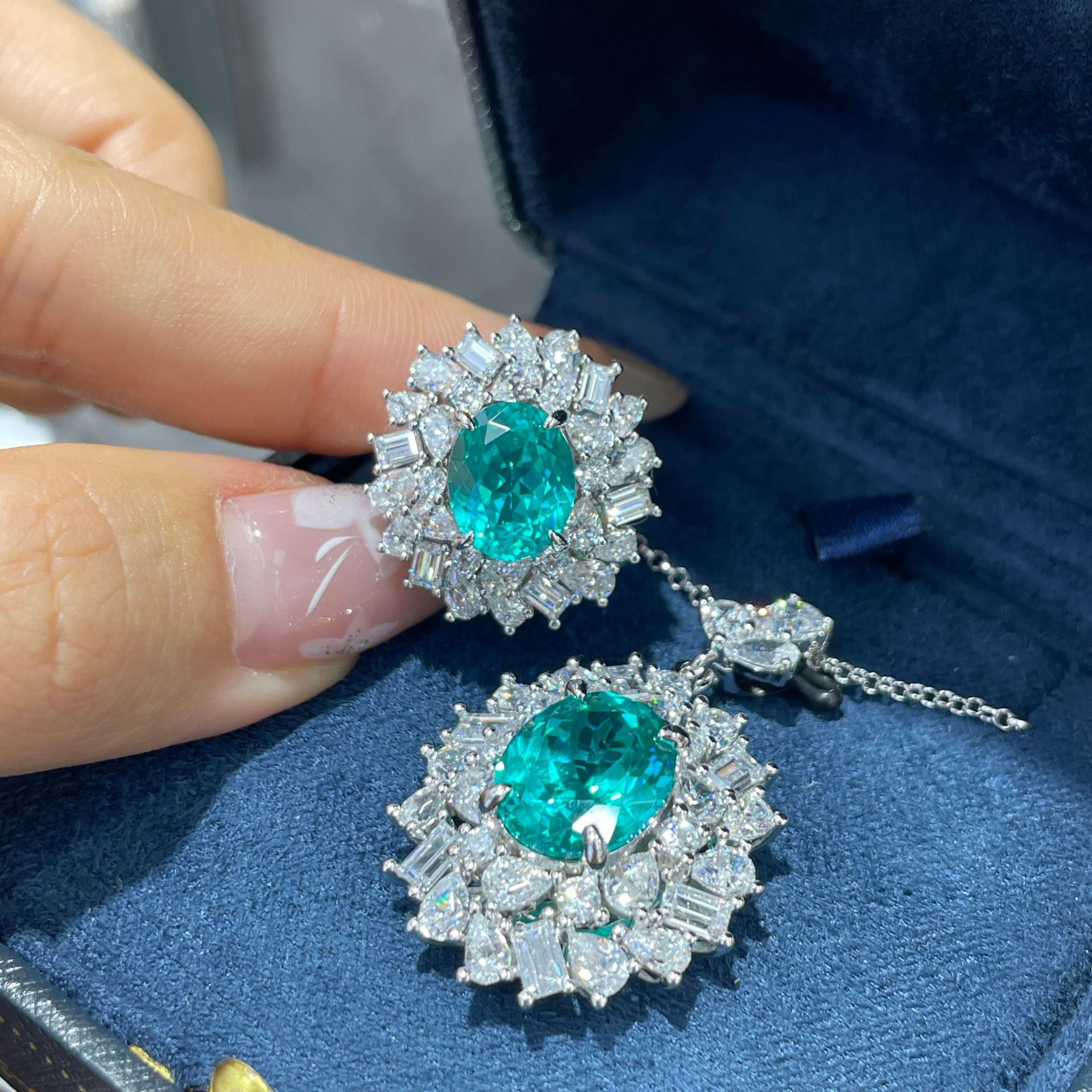 培育帕拉伊巴耳钉项链戒指套装S925银镀金镶嵌实验室人造宝石首饰