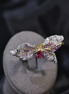 蝶梦流光重工艺术蝴蝶活口戒指培育粉蓝宝轻奢气质年会首饰
