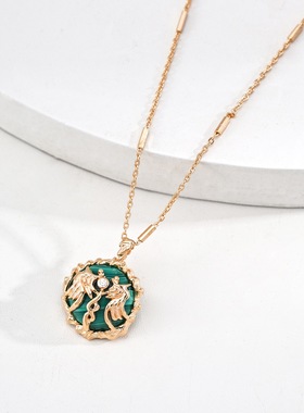 Vintage中古风轻奢孔雀石小圆牌项链 S925银镀金+天然孔雀石