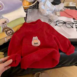 男宝女宝红色打底衫加绒保暖厚款2026新款秋冬套头卫衣拉布布上衣