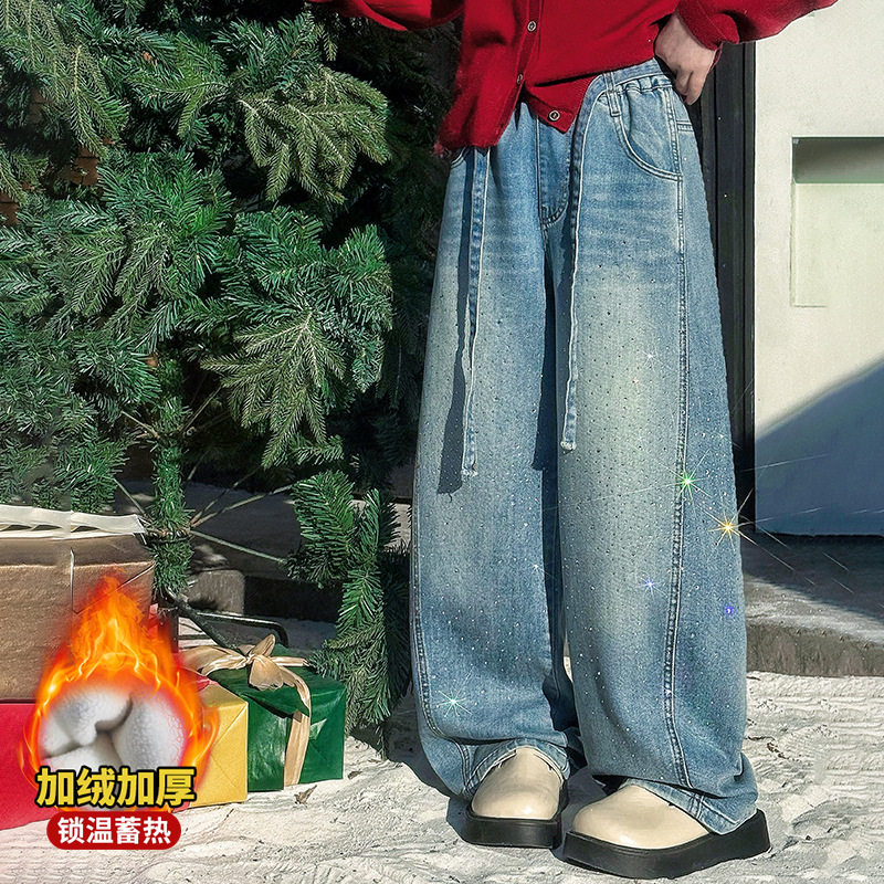 女童独特满天星裤子加绒牛仔阔腿裤2026秋款冬季儿童女孩冬裤加厚