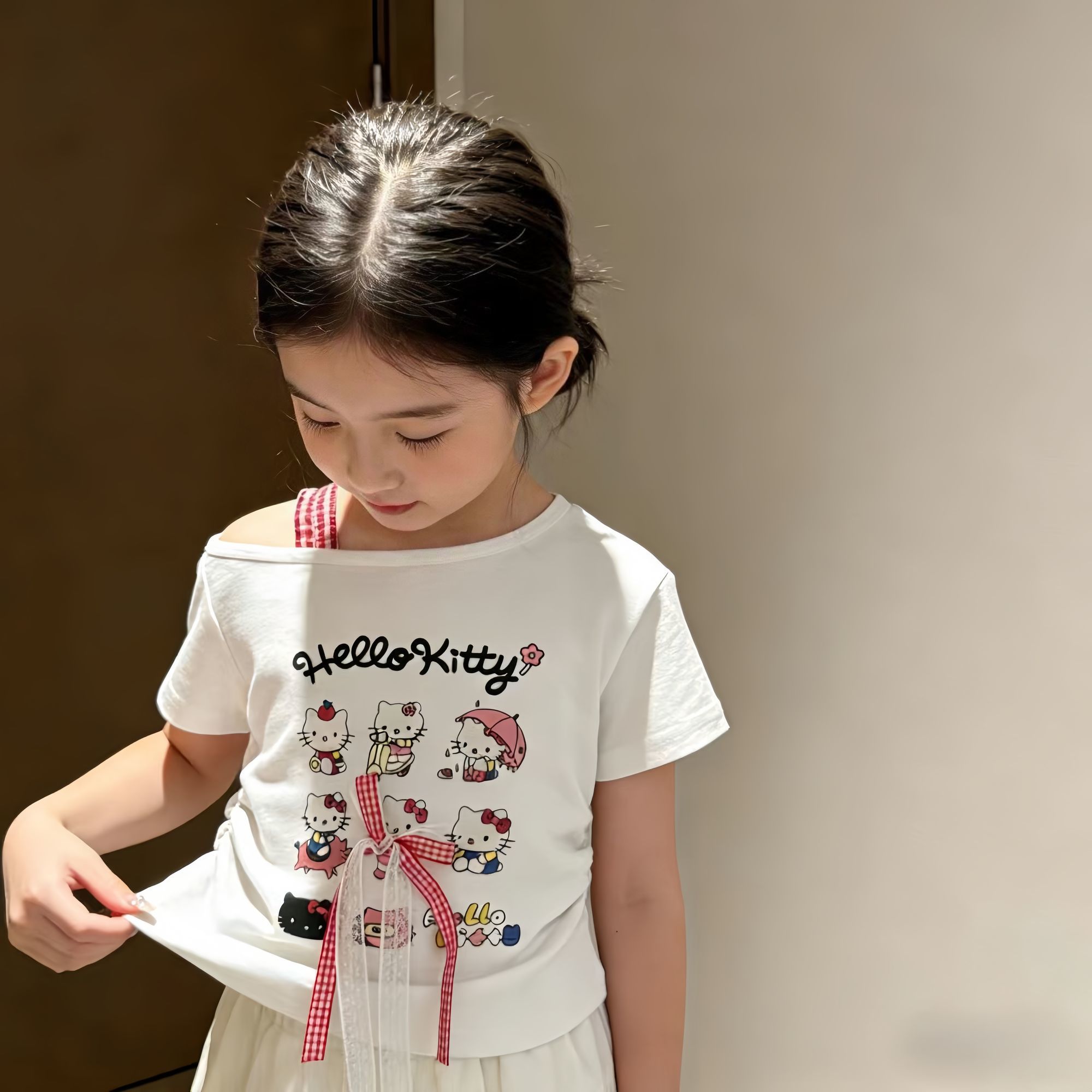 甜妹装女童纯棉短袖T恤2026夏季新款露肩辣妹收腰t恤宝宝卡通印花