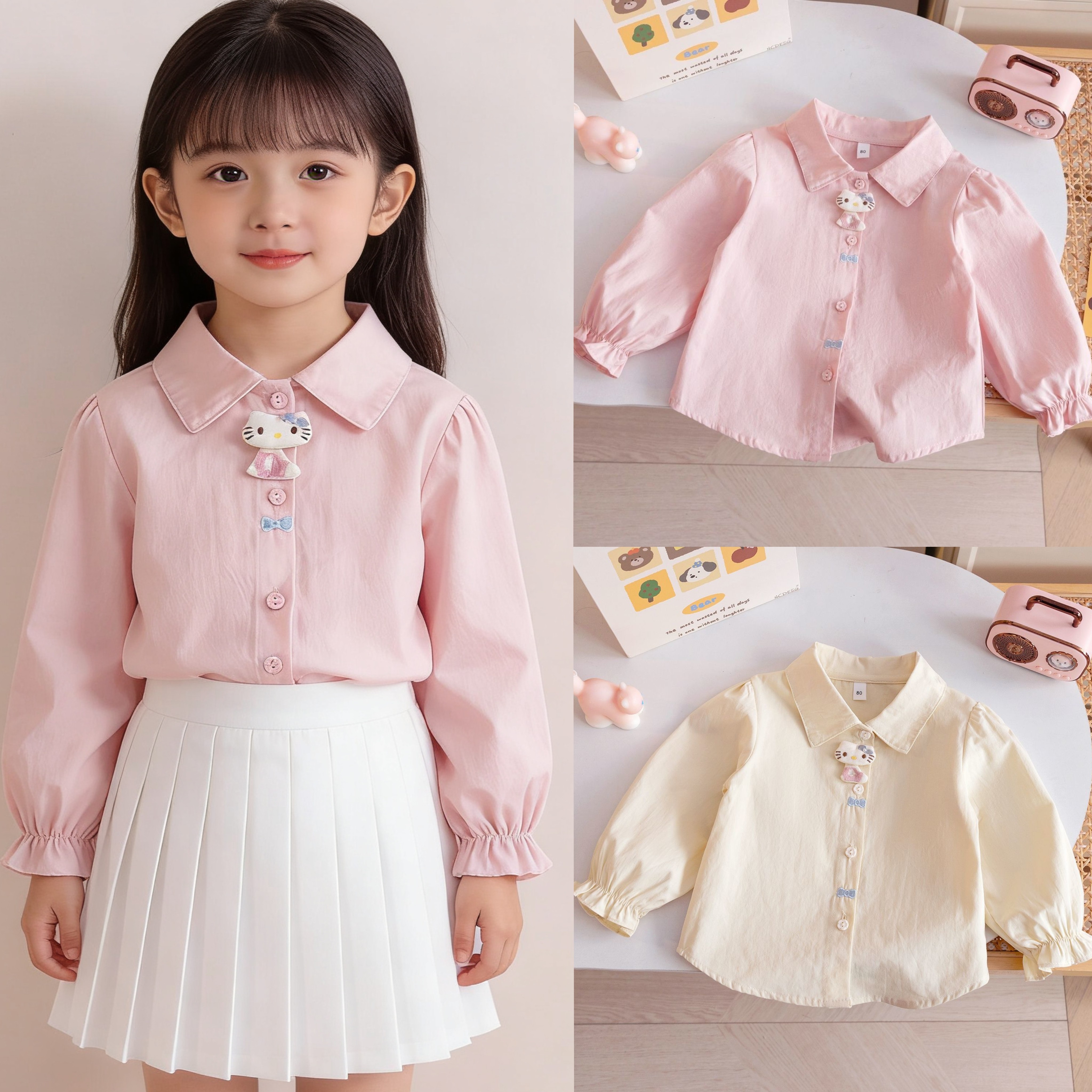 女童纯棉长袖衬衫2026春夏新款洋气开衫衬衣女宝宝韩版娃娃领上衣
