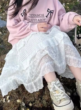 亲子装女童纯棉半身裙2026洋气花边裙蕾丝裙韩版宝宝白色公主长裙