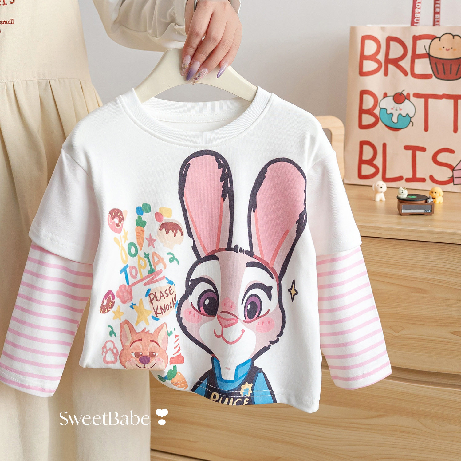 男童女童纯棉韩版卡通长袖T恤朱迪警官假两件上衣2026宝宝打底衫