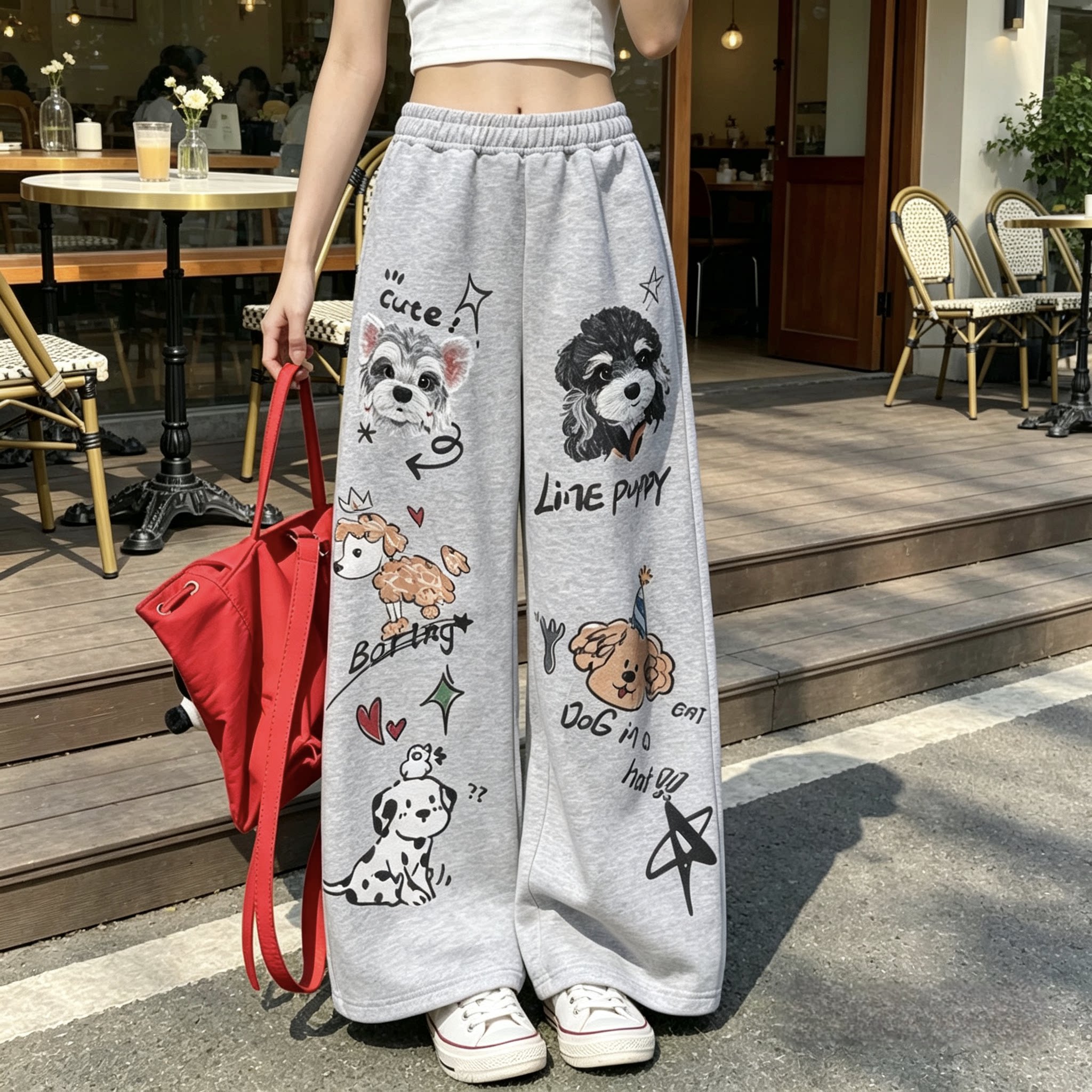 女童夏季卫裤2026新款儿童卡通涂鸦阔腿裤中大童宽松休闲运动长裤