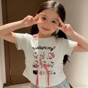 甜妹装女童纯棉短袖T恤2026夏季新款露肩辣妹收腰t恤宝宝kt猫印花