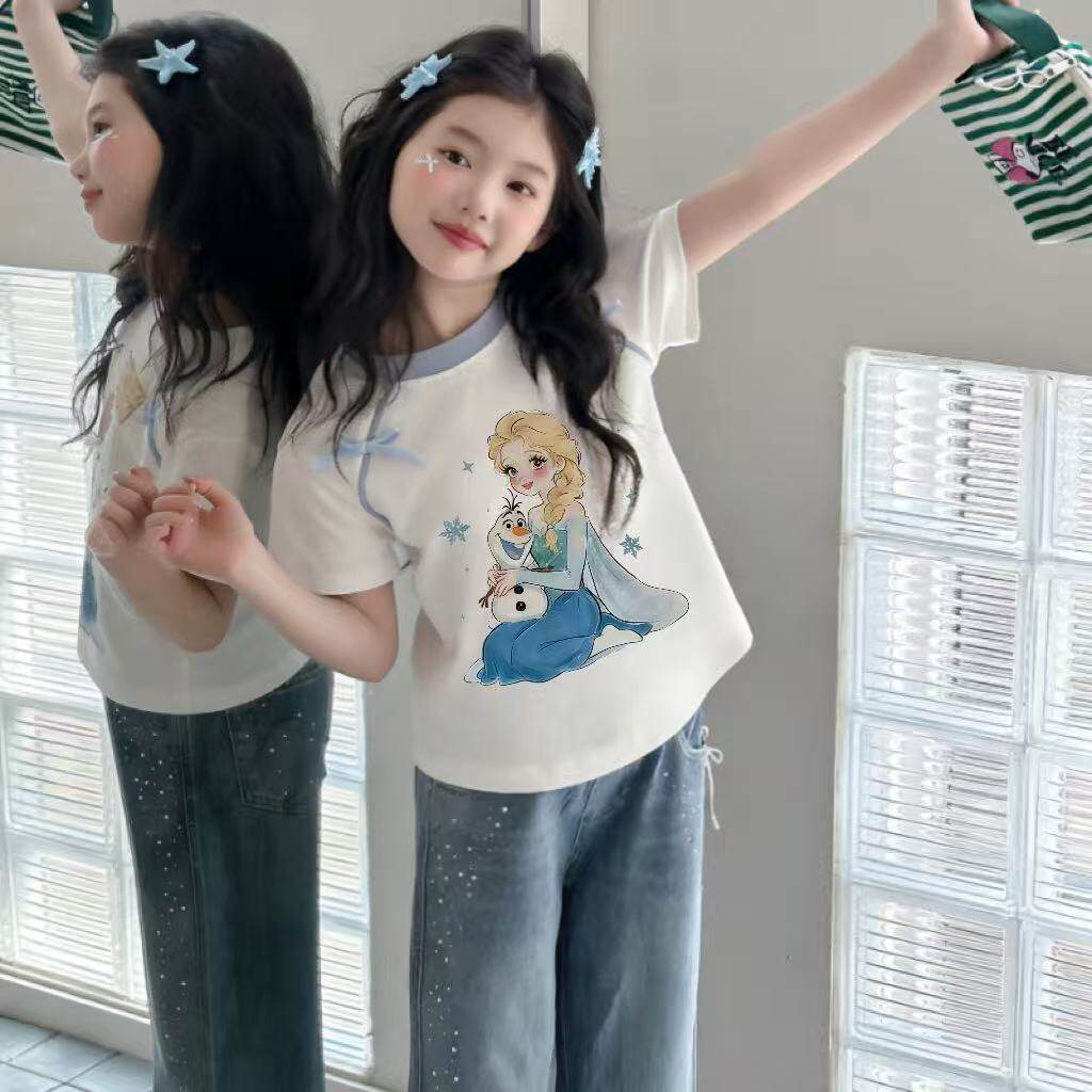 女童纯棉短袖T恤2026夏季新款爱莎公主上衣儿童宝宝卡通印花可爱