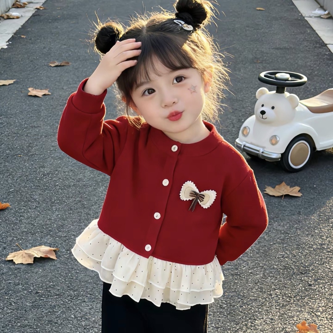 【偏小一码】新年女童加绒开衫红色加绒卫衣儿童拜年服宝宝上衣