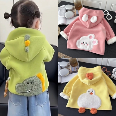 男童女童奥粒绒外套加绒加厚韩版保暖秋冬季卡通连帽毛绒小童外套