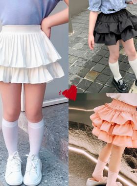亲子装/内衬安全裤/儿童百褶蛋糕裙女童白色半身短裙宝宝蓬蓬裙裤