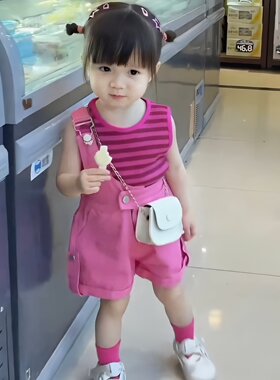 宝宝女童背带裤套装2026新款儿童多巴胺条纹背心单肩背带裤两件套