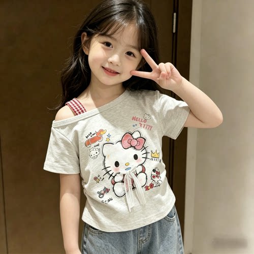 女童纯棉短袖T恤2026新款儿童可爱印花斜肩上衣辣妹装小童夏季t恤
