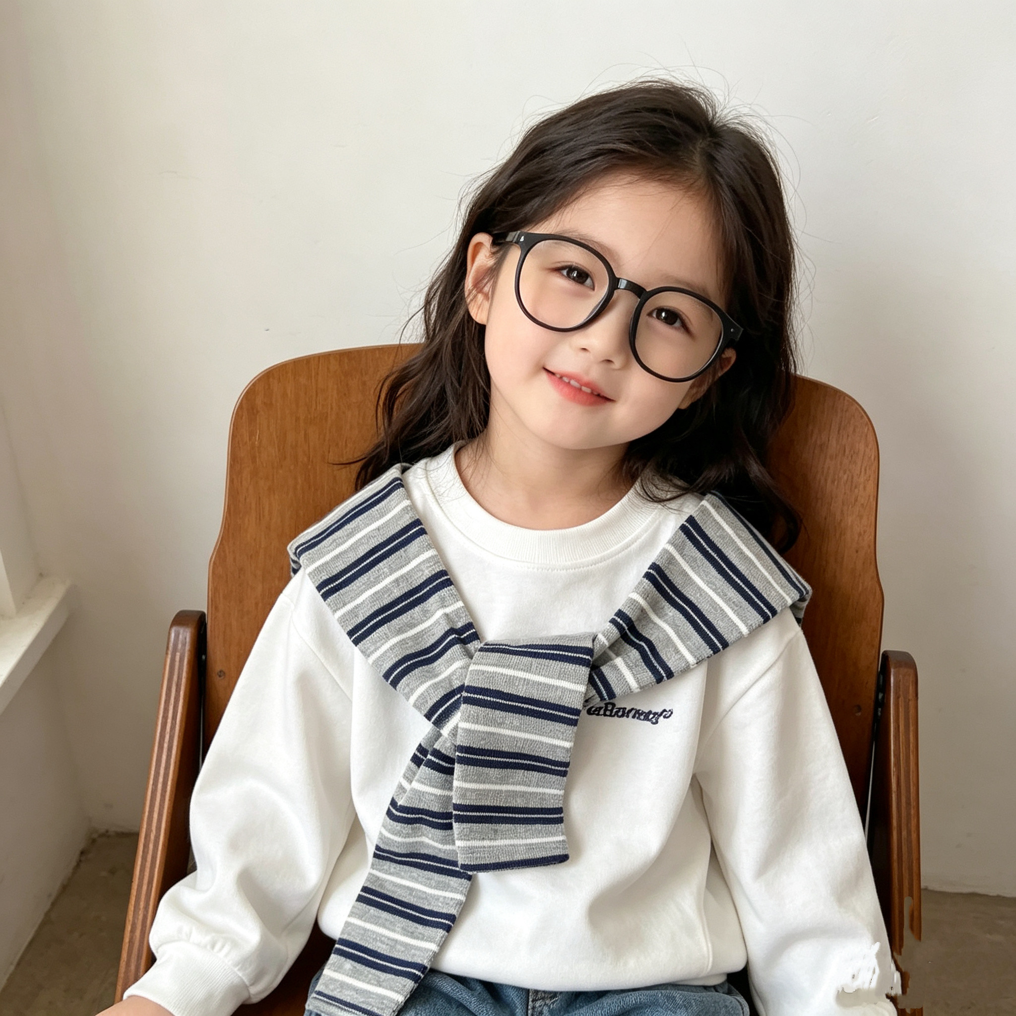 女童条纹披肩长袖卫衣2026秋季新款男女童韩版宽松上衣纯棉T恤衫