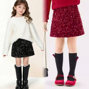 女童半身裙2026新款时尚丝绒亮片闪闪包臀短裙A字裙女宝闪亮短裙