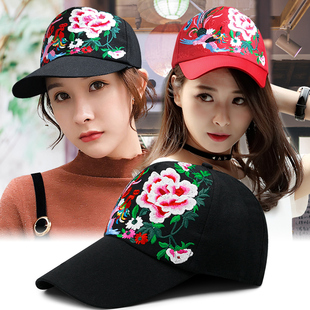 长舌帽子女花朵刺绣加长檐棒球帽民族风女士遮阳帽户外防晒鸭舌帽
