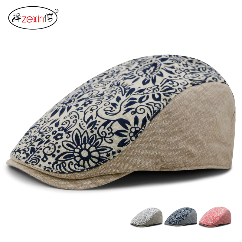 择信帽子女春夏季民族风腰果印花棉麻透气鸭舌帽户外贝雷帽时尚前
