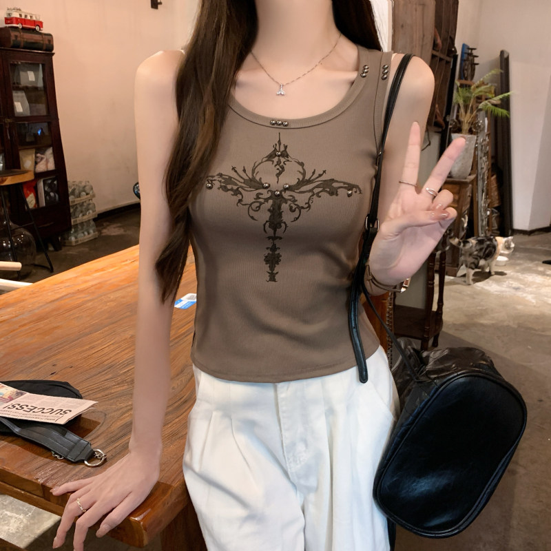 钉珠潮流机车修身显瘦复古原宿风美式街头吊带背心T恤女