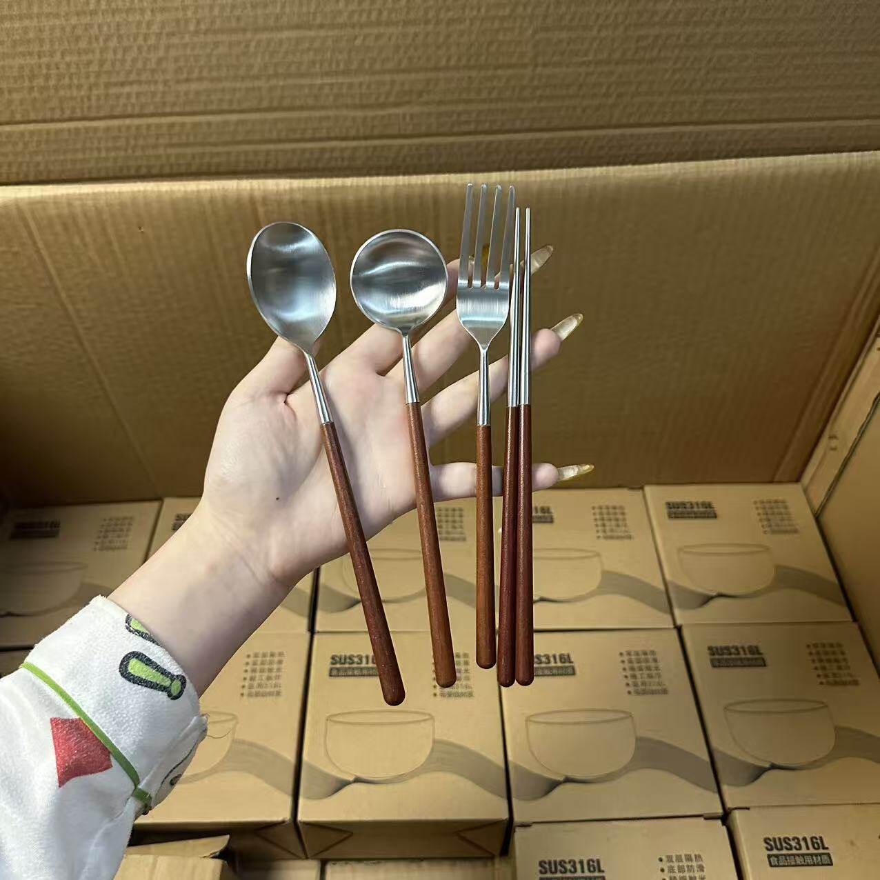 颜一好物 304不锈钢日式筷子勺子叉子复古西餐餐具一人食便携套装