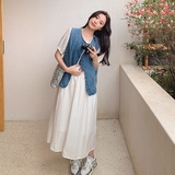 法式复古浪漫温柔风休闲马甲连衣裙套女夏季大码宽松孕妇胖mm显瘦，女装连衣裙，拾菱