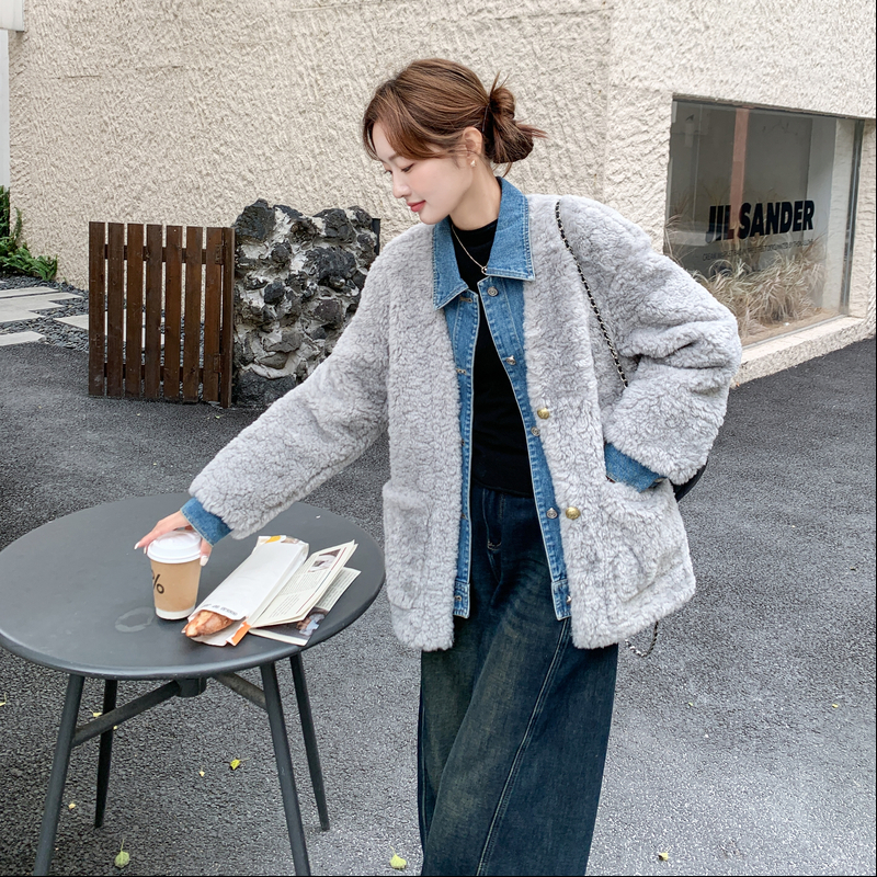 冬装新款牛仔拼接加厚羊羔毛外套2633-P245控378，女装毛呢外套，拾菱