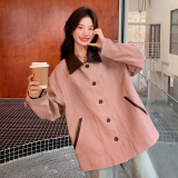 撞色翻领宽松休闲粉色外套女春秋2025新款流行爆款百搭巨好看上衣，女装短外套，拾菱