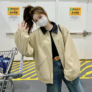 撞色PU皮翻领宽松短外套女春秋2025新款今年流行爆款超火夹克上衣图片