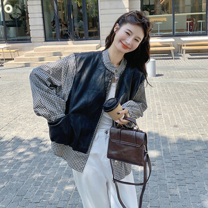 新款 拼皮格纹拼接假两件外套163-2550-P155控248，女装短外套，拾菱