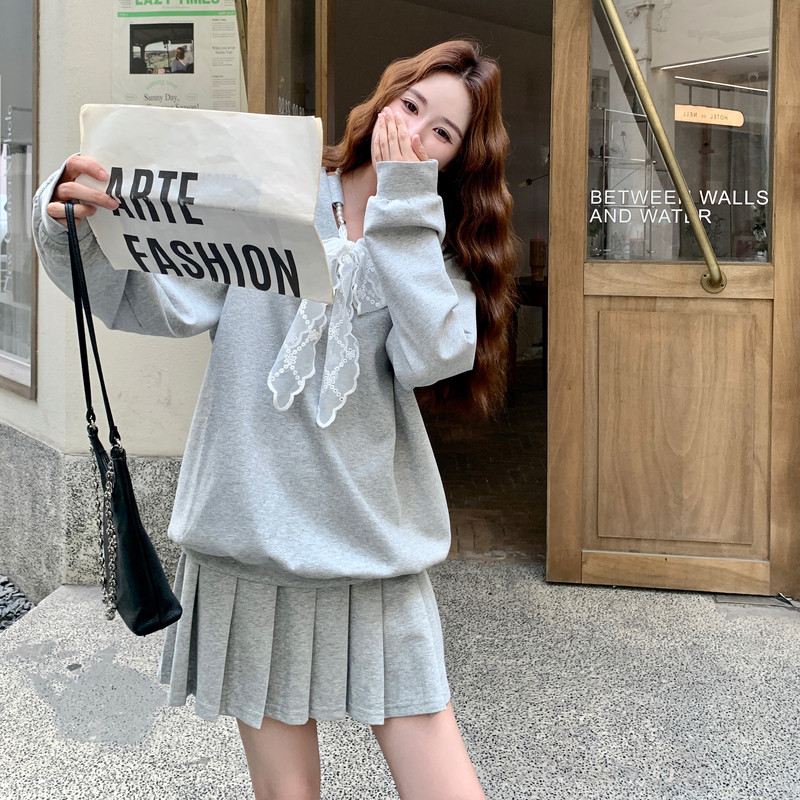 蕾丝系带灰色卫衣百褶裙套装女2025秋季甜美日系慵懒风减龄两件套,女装套装/套裙,拾菱