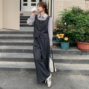 深灰色慵懒风马甲时尚套装女2025秋季法式小个子减龄阔腿裤三件套图片