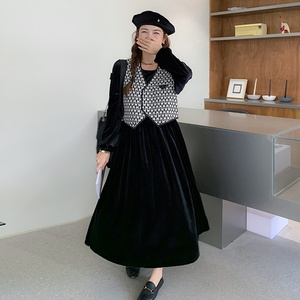 【】现货丝绒裙+提花马甲两件套连衣裙9911-P145控208,女装连衣裙,拾菱