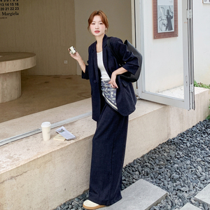 深蓝色减龄通勤风西装套装女2025秋季高级感休闲阔腿裤淡人两件套图片