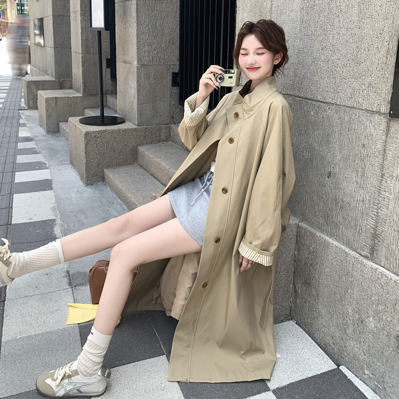 新款条纹袖口长款风衣外套163-2518-P185控268,女装风衣,拾菱