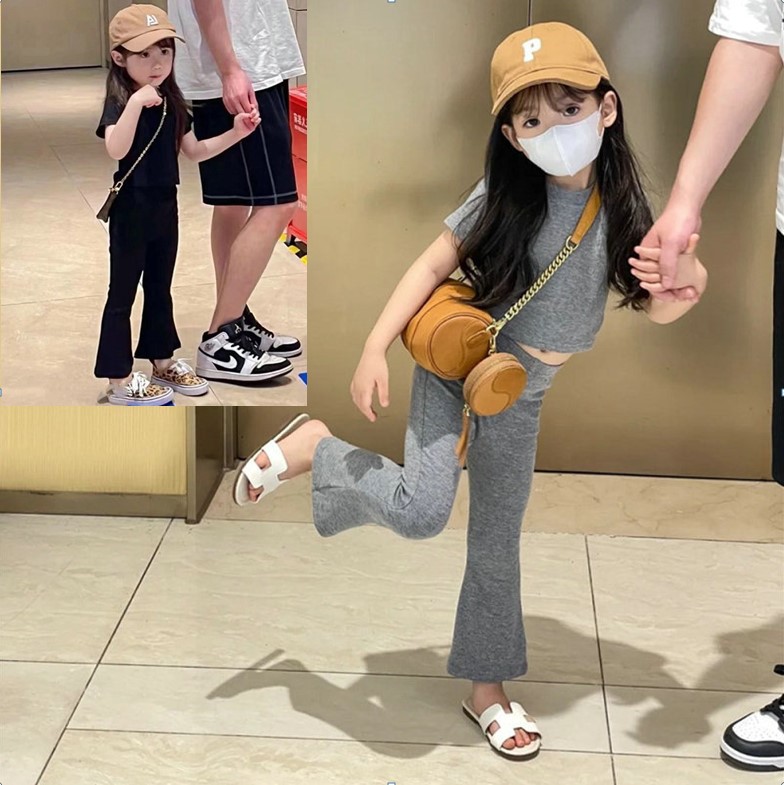 2023夏装新款童装女童套装弹力短款上衣+修身喇叭裤二件套装