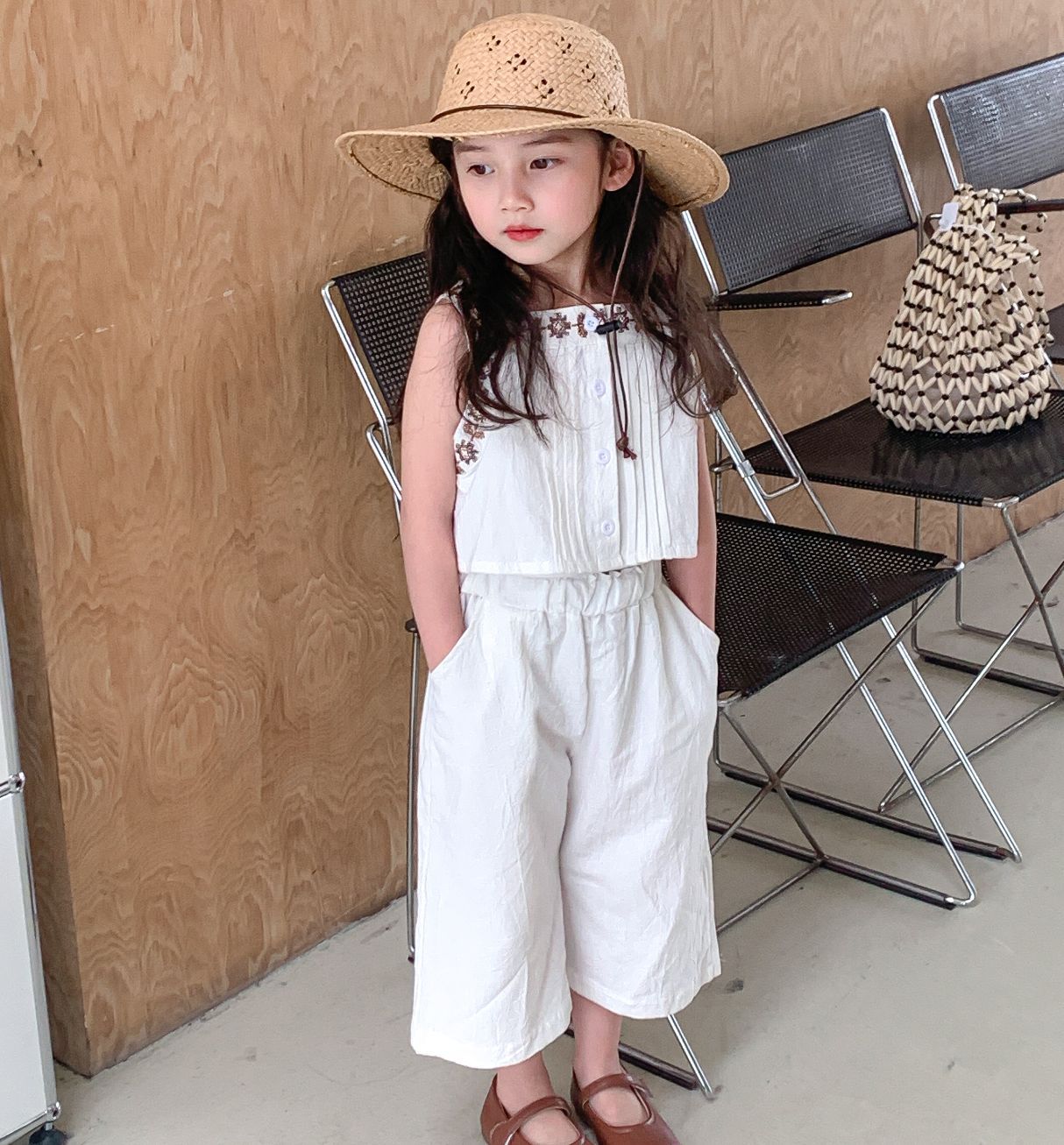 2023夏装新款童装女童刺绣短款精棉背心+阔腿裤二件套韩版套装