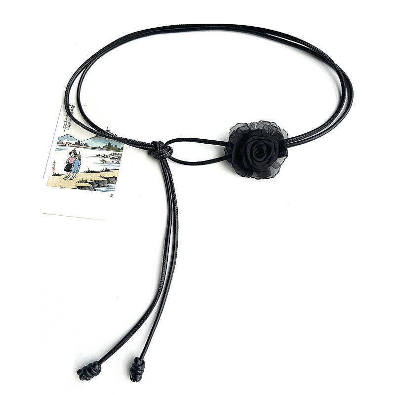 2025新款甜美复古玫瑰花腰带女连衣裙收腰装饰黑色细皮带夏季皮绳