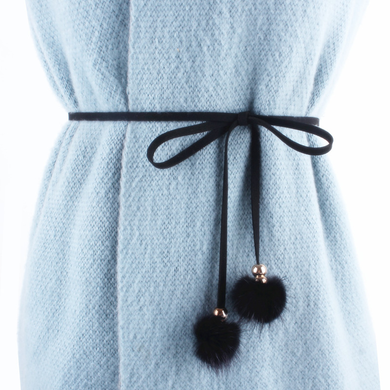 毛衣腰带女装饰百搭细腰带连衣裙收腰系带可爱少女兔毛球小皮绳子