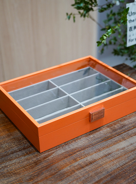 8格橙色皮质眼镜盒 大容量分格墨镜收纳盒专用密封储物盒太阳镜盒