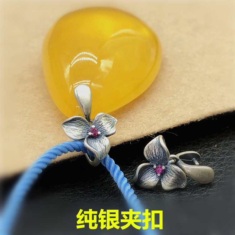 S925纯银复古做旧小花夹扣吊坠连接扣头蜜蜡翡翠项链挂绳DIY配