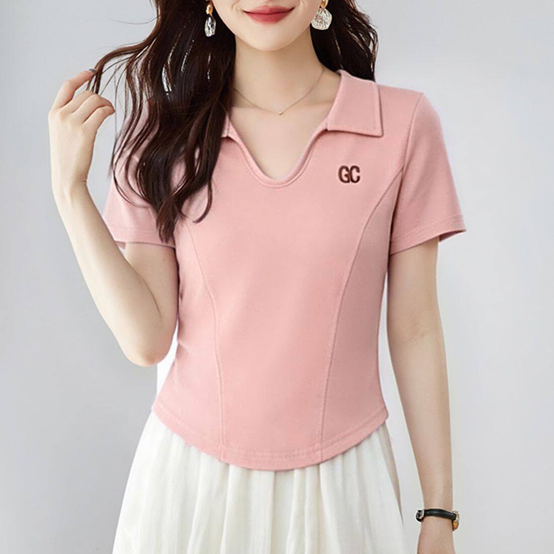 polo领正肩短袖t恤女2026新款夏季修身小个子弧形显洋气汗衫上衣