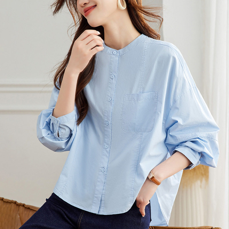 纯棉长袖衬衫女装2026新款春装设计感气质上衣蝙蝠袖宽松女式衬衣