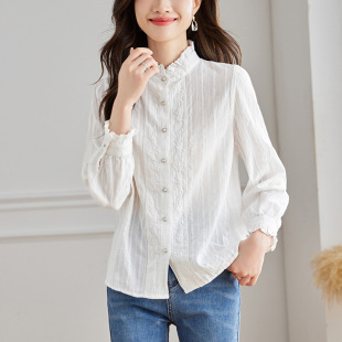 春季 女2026新款 高级感纯棉衬衣气质显瘦洋气减龄上衣 立领衬衫 法式
