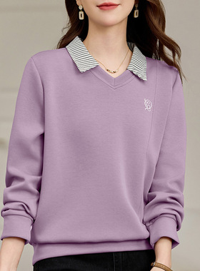 翻领假两件卫衣女春秋薄款2025新款春季时尚洋气女装正肩紫色上衣
