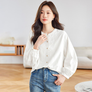 纯棉衬衫 绣花圆领长袖 春装 女2026新款 气质优雅显瘦百搭上衣潮 衬衫