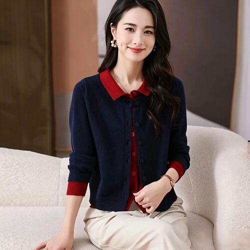 翻领假两件针织开衫妈妈装