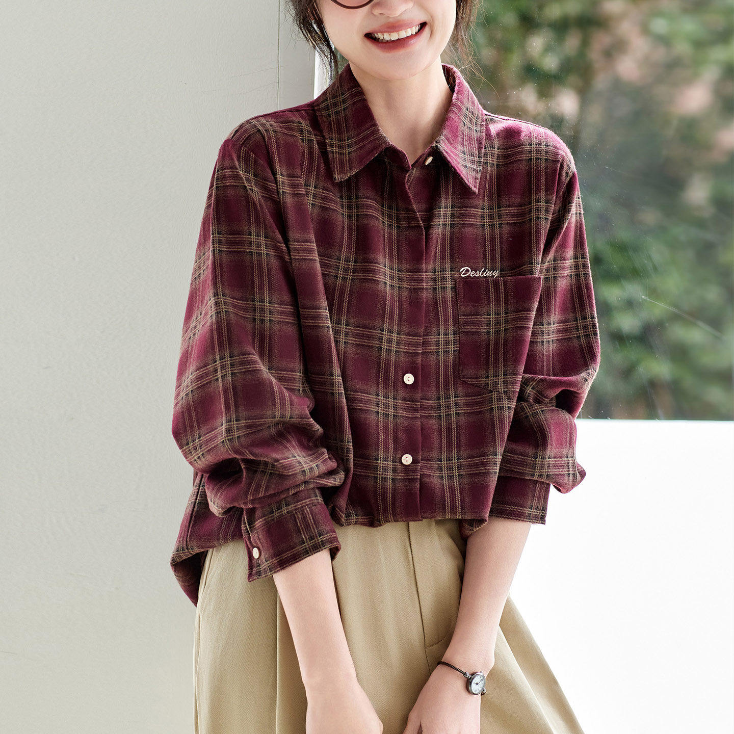 2026新款春装长袖衬衫女装时尚百搭休闲格子女士衬衫外套宽松上衣